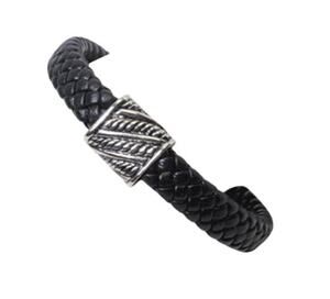 2785 Vintage Woven Leather Bracelet Silver Magnetic Closer Black 8 1/2" Around